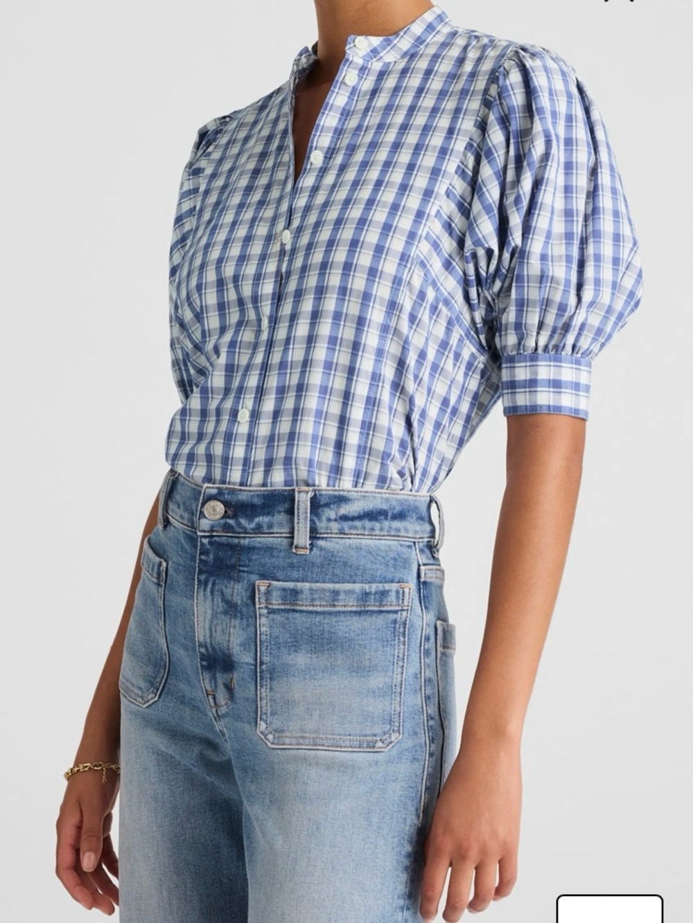 Madewell Puff-Sleeve Band-Collar Shirt Blue White Window Pane Print size 10